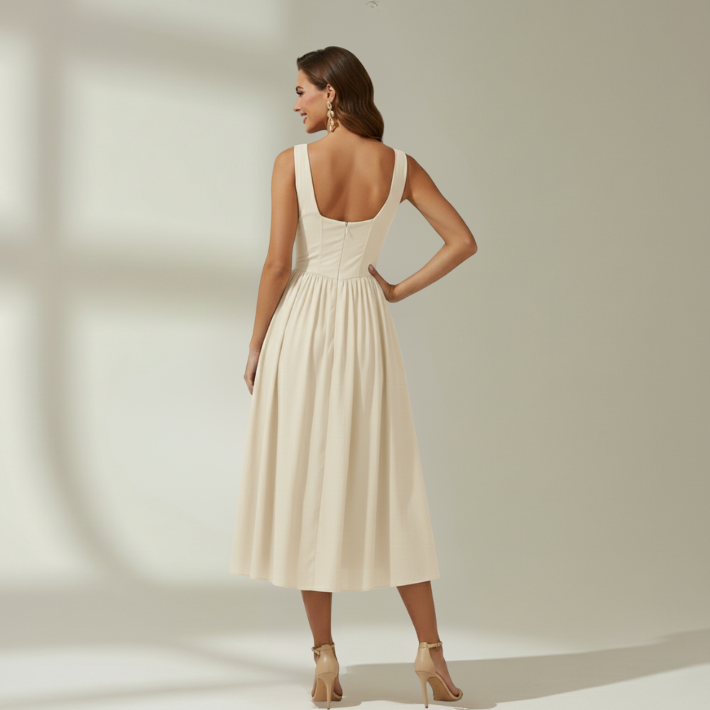 Dam Midiklänning med Djup V-ringning och Ärmlös Design-Midi Dress-Fjallbarn