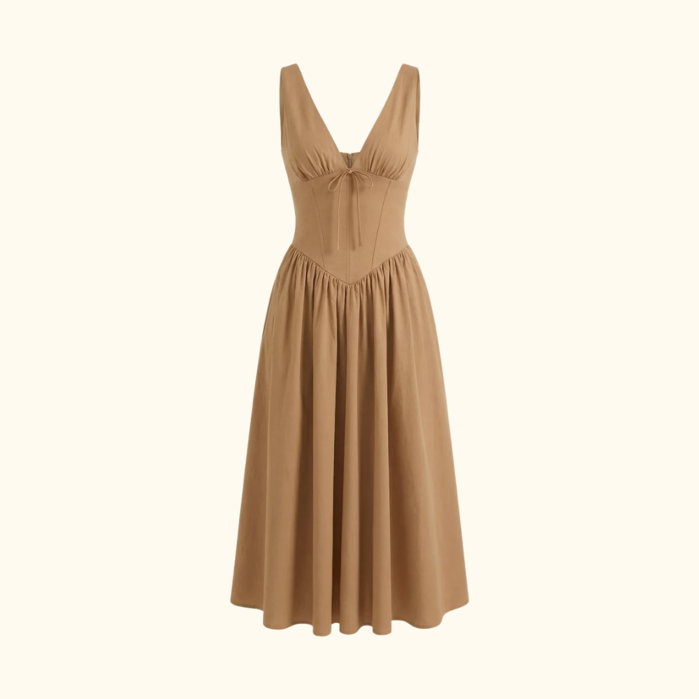 Dam Midiklänning med Djup V-ringning och Ärmlös Design-Midi Dress-Fjallbarn
