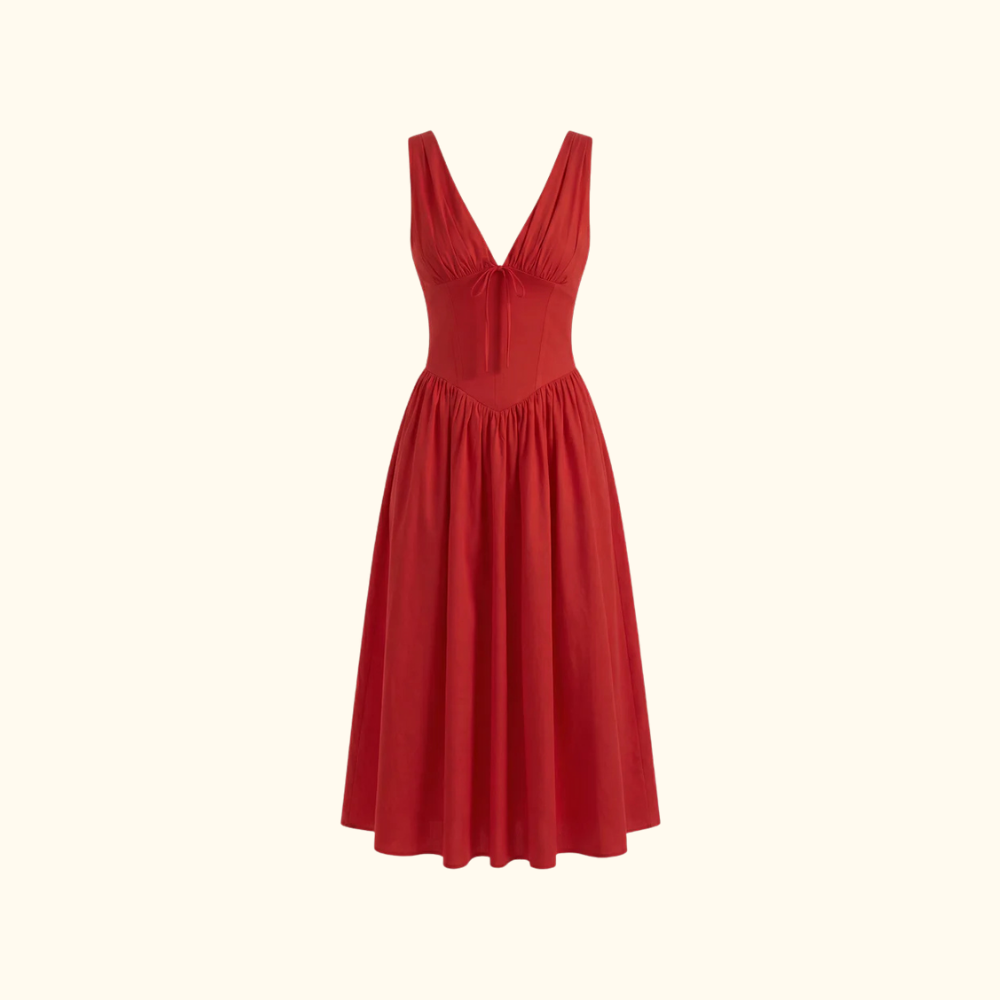 Dam Midiklänning med Djup V-ringning och Ärmlös Design-Midi Dress-Fjallbarn