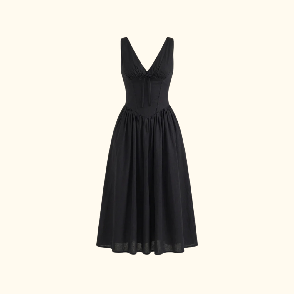 Dam Midiklänning med Djup V-ringning och Ärmlös Design-Midi Dress-Fjallbarn