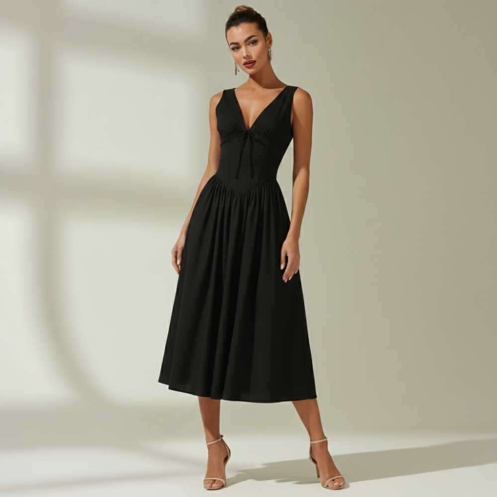 Dam Midiklänning med Djup V-ringning och Ärmlös Design-Midi Dress-Fjallbarn