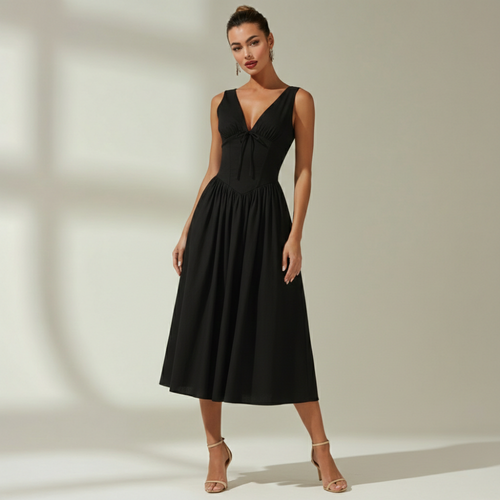 Dam Midiklänning med Djup V-ringning och Ärmlös Design-Midi Dress-Fjallbarn