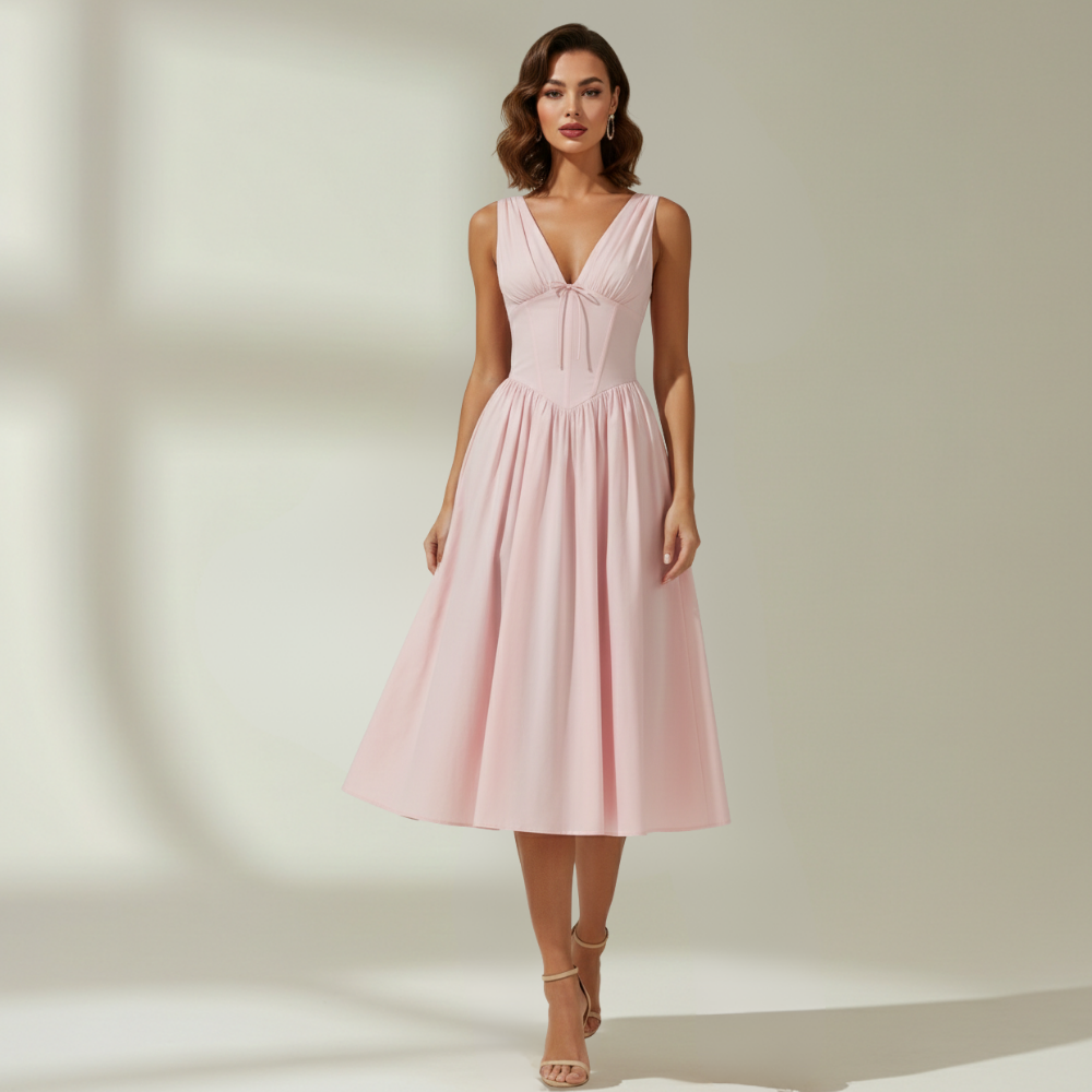 Dam Midiklänning med Djup V-ringning och Ärmlös Design-Midi Dress-Fjallbarn
