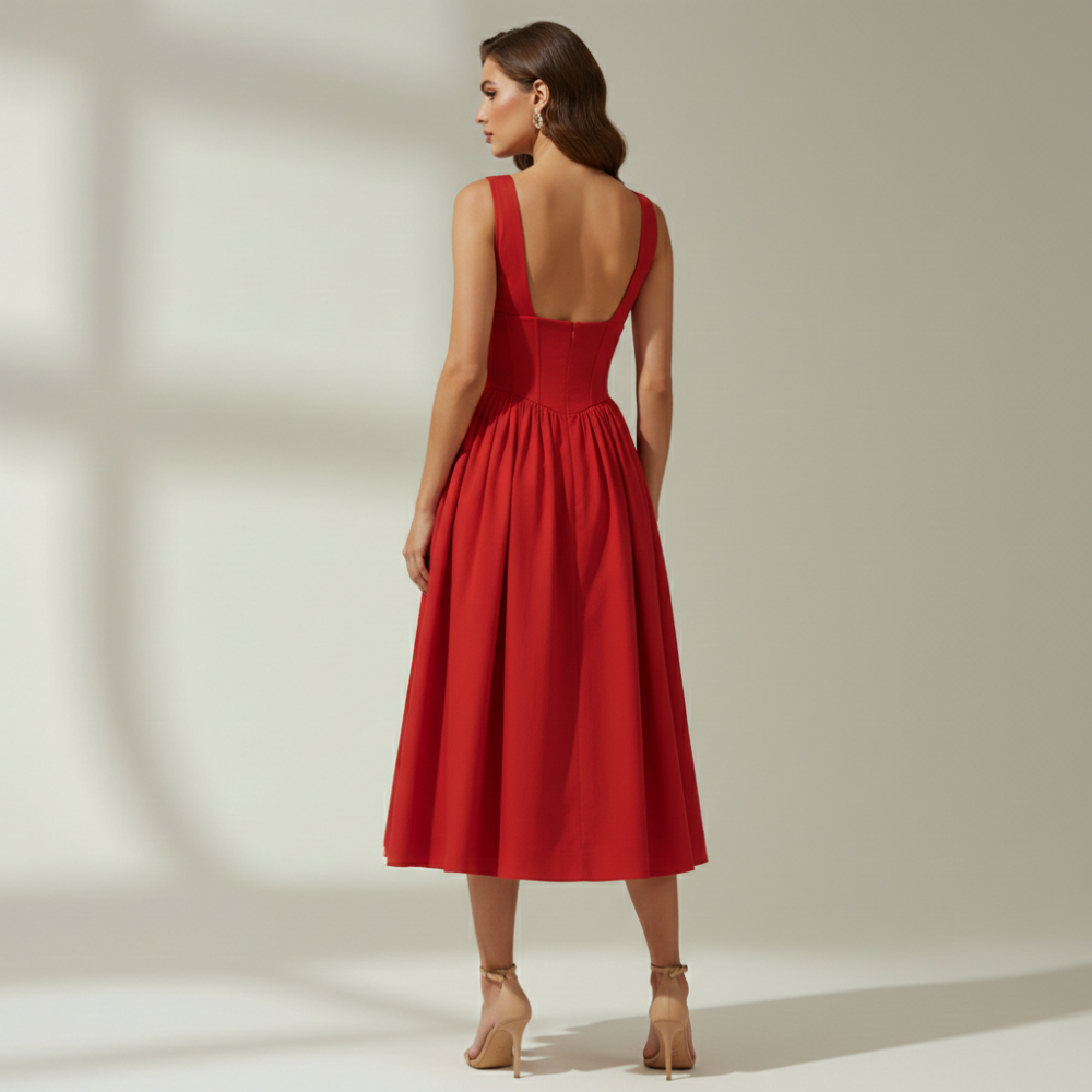 Dam Midiklänning med Djup V-ringning och Ärmlös Design-Midi Dress-Fjallbarn