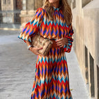Dam Midiklänning med geometriskt mönster, ståkrage och bälte-Midi Dress-Fjallbarn