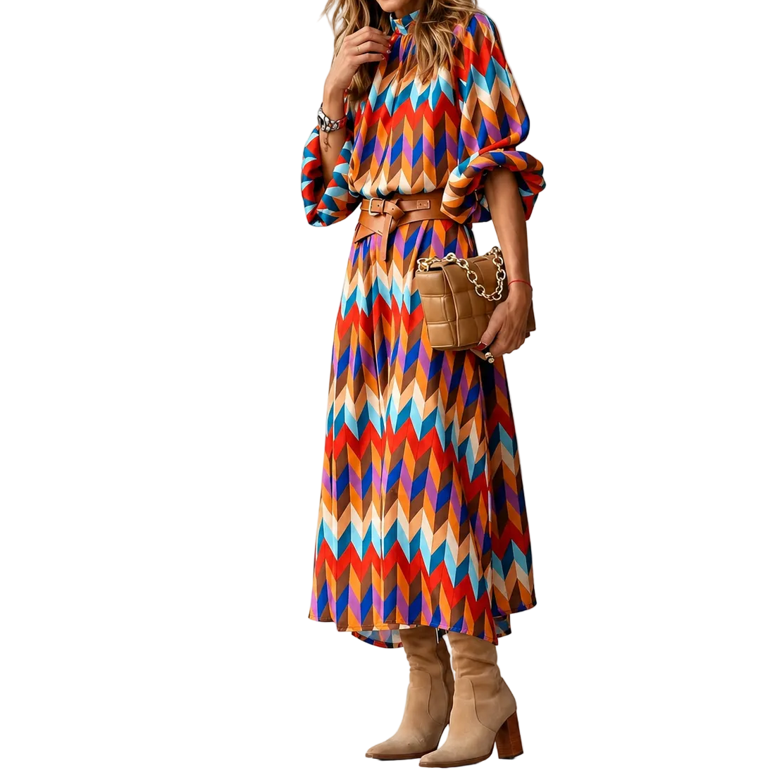 Dam Midiklänning med geometriskt mönster, ståkrage och bälte-Midi Dress-Fjallbarn