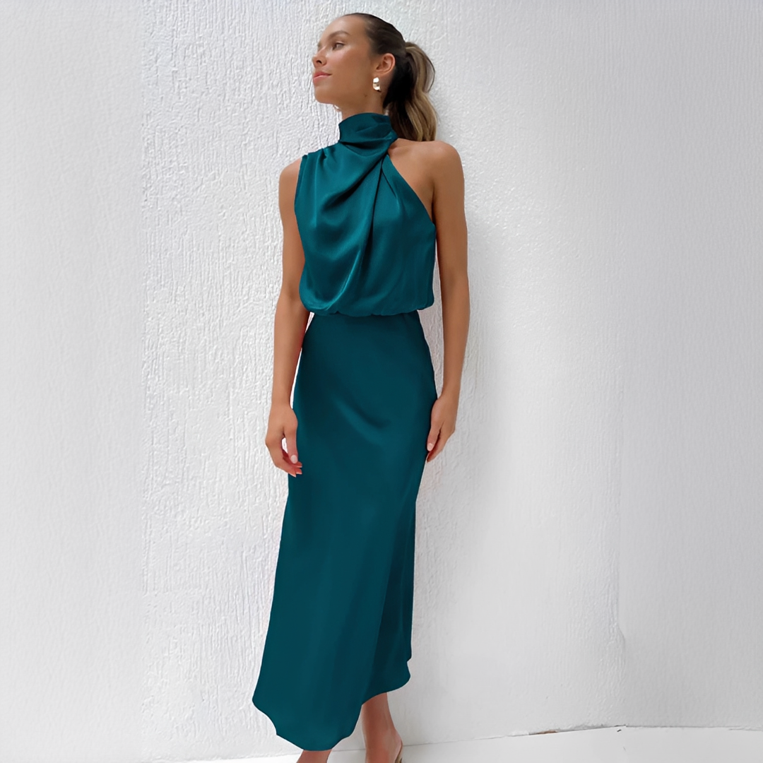 Dam midiklänning med hög krage och draperad överdel-Midi Dress-Fjallbarn