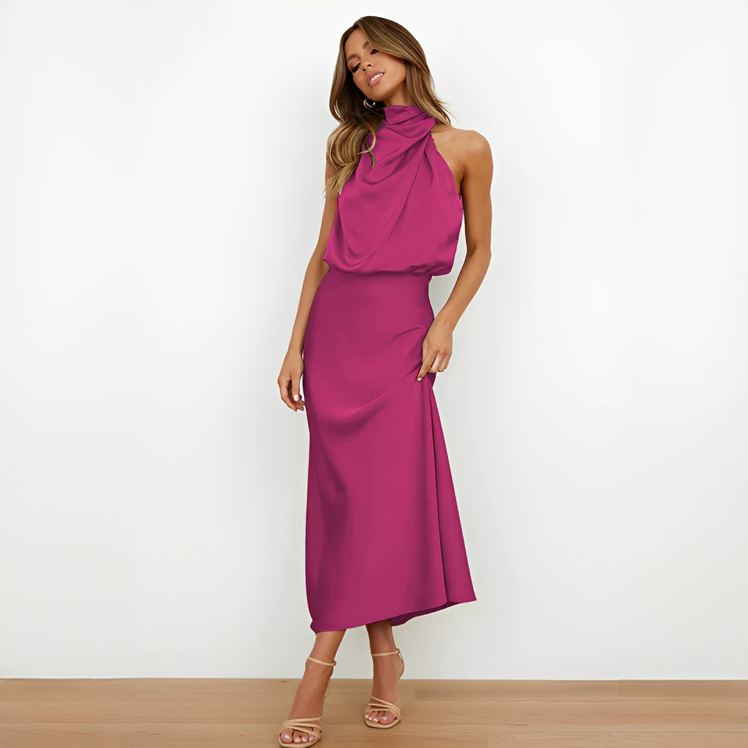 Dam midiklänning med hög krage och draperad överdel-Midi Dress-Fjallbarn