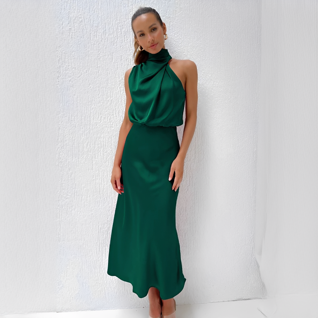 Dam midiklänning med hög krage och draperad överdel-Midi Dress-Fjallbarn