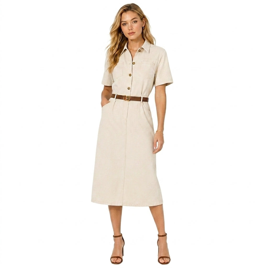 Dam midiklänning med knappar och bälte-Midi Dress-Fjallbarn