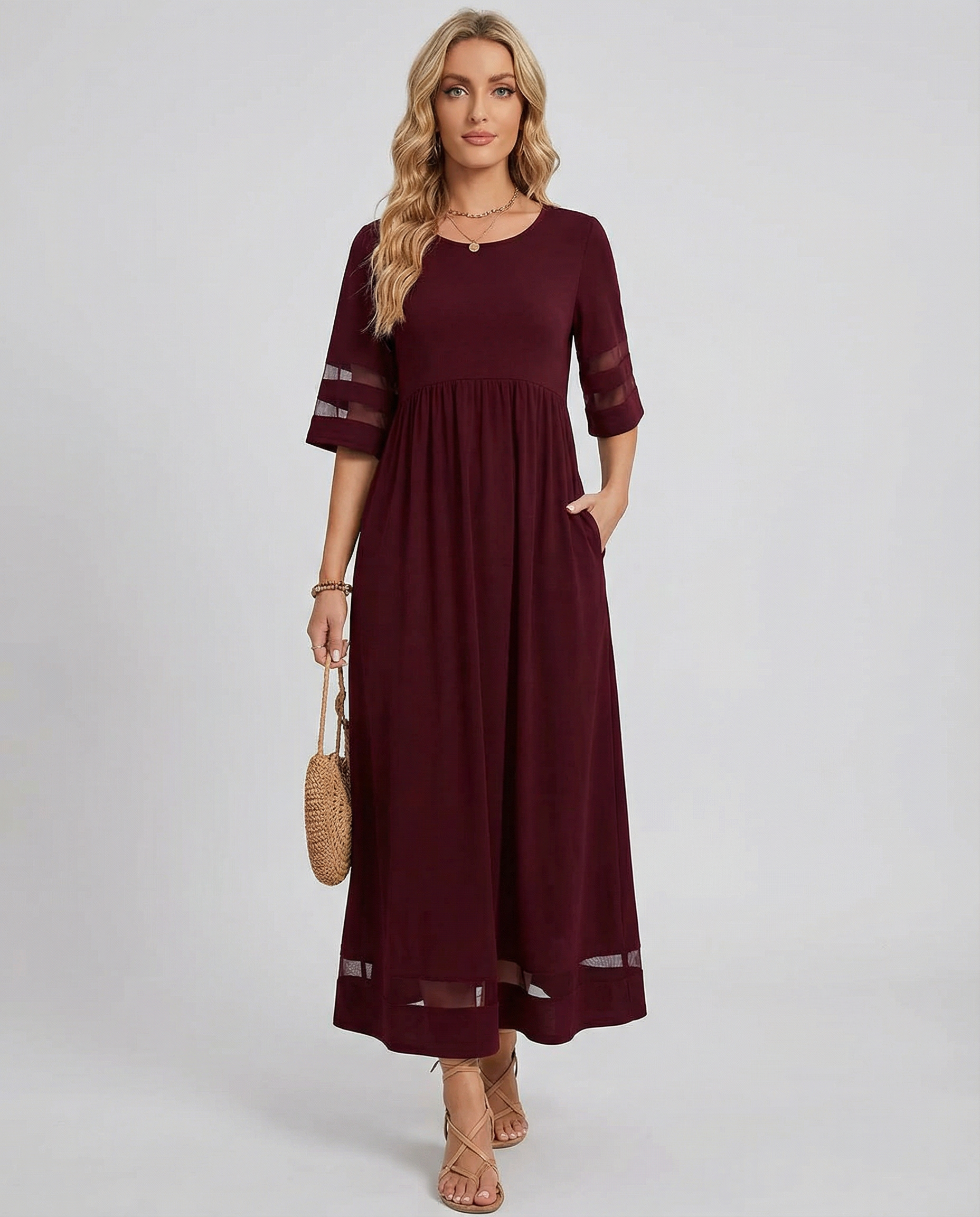 Dam midiklänning med rund halsringning och halvlånga ärmar-Maxi Dress-Fjallbarn