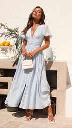 Dam Midiklänning med V-ringning, Knappstängning, Puffärmar och Rynkad Midjesöm-Midi Dress-Fjallbarn