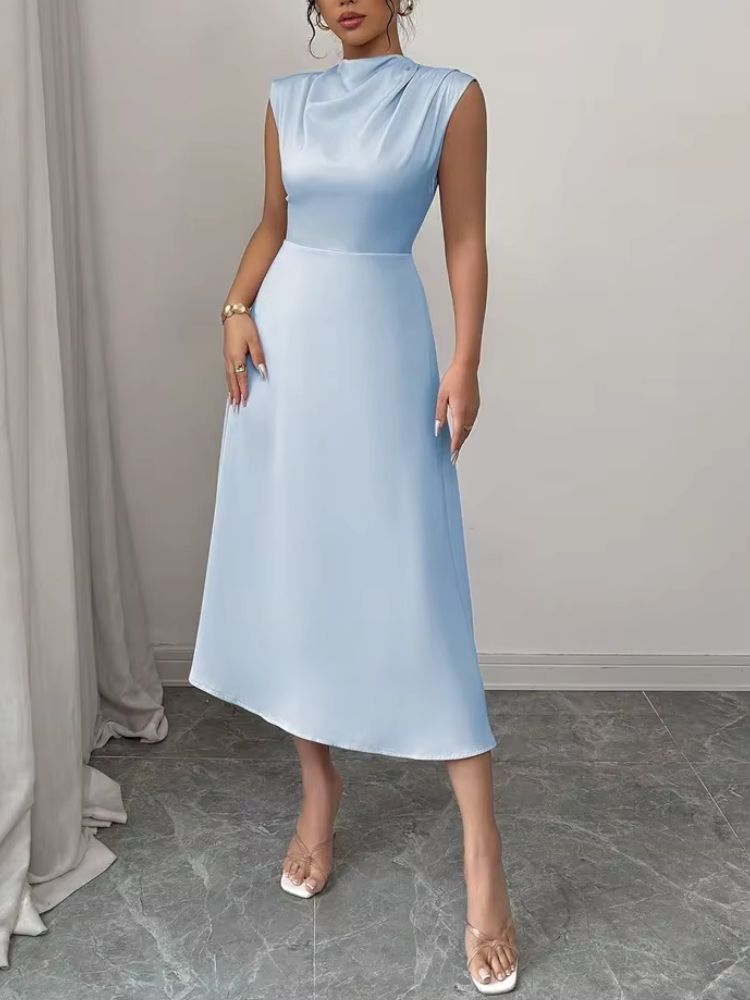Dam midiklänning utan ärmar med hög krage och utsvängd kjol-Midi Dress-Fjallbarn