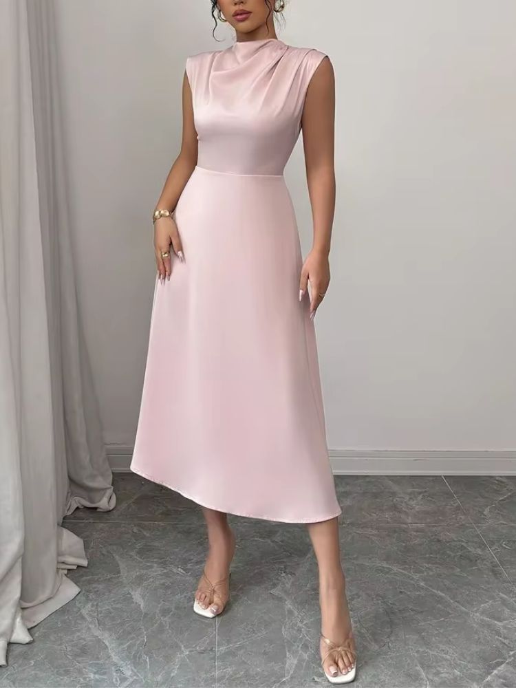 Dam midiklänning utan ärmar med hög krage och utsvängd kjol-Midi Dress-Fjallbarn
