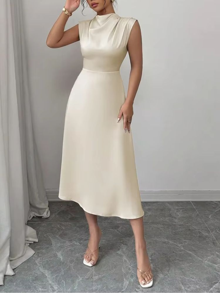 Dam midiklänning utan ärmar med hög krage och utsvängd kjol-Midi Dress-Fjallbarn
