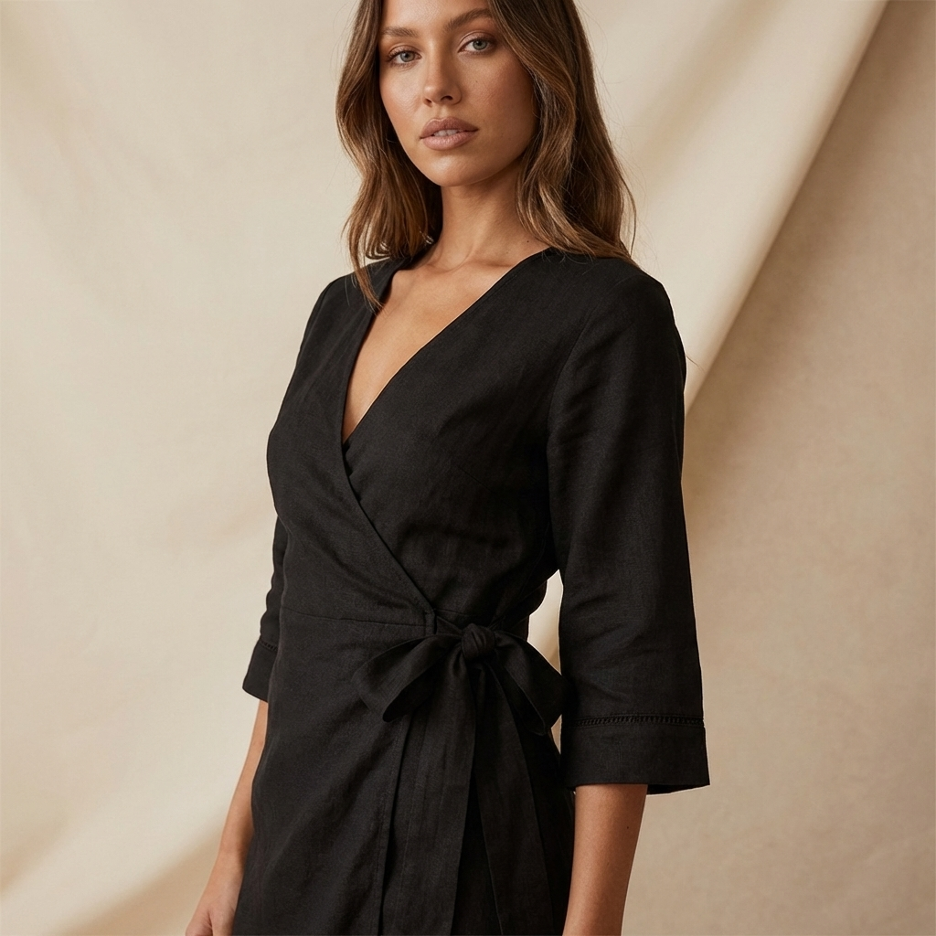 Dam miniklänning med korta ärmar, omlottdesign, V-ringning och knytning i sidan-Mini Dress-Fjallbarn