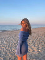 Dam Off Shoulder Långärmad Boucléstickad Miniklänning-Mini Dress-Fjallbarn