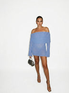 Dam Off Shoulder Långärmad Boucléstickad Miniklänning-Mini Dress-Fjallbarn
