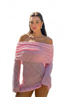 Dam Off Shoulder Långärmad Boucléstickad Miniklänning-Mini Dress-Fjallbarn