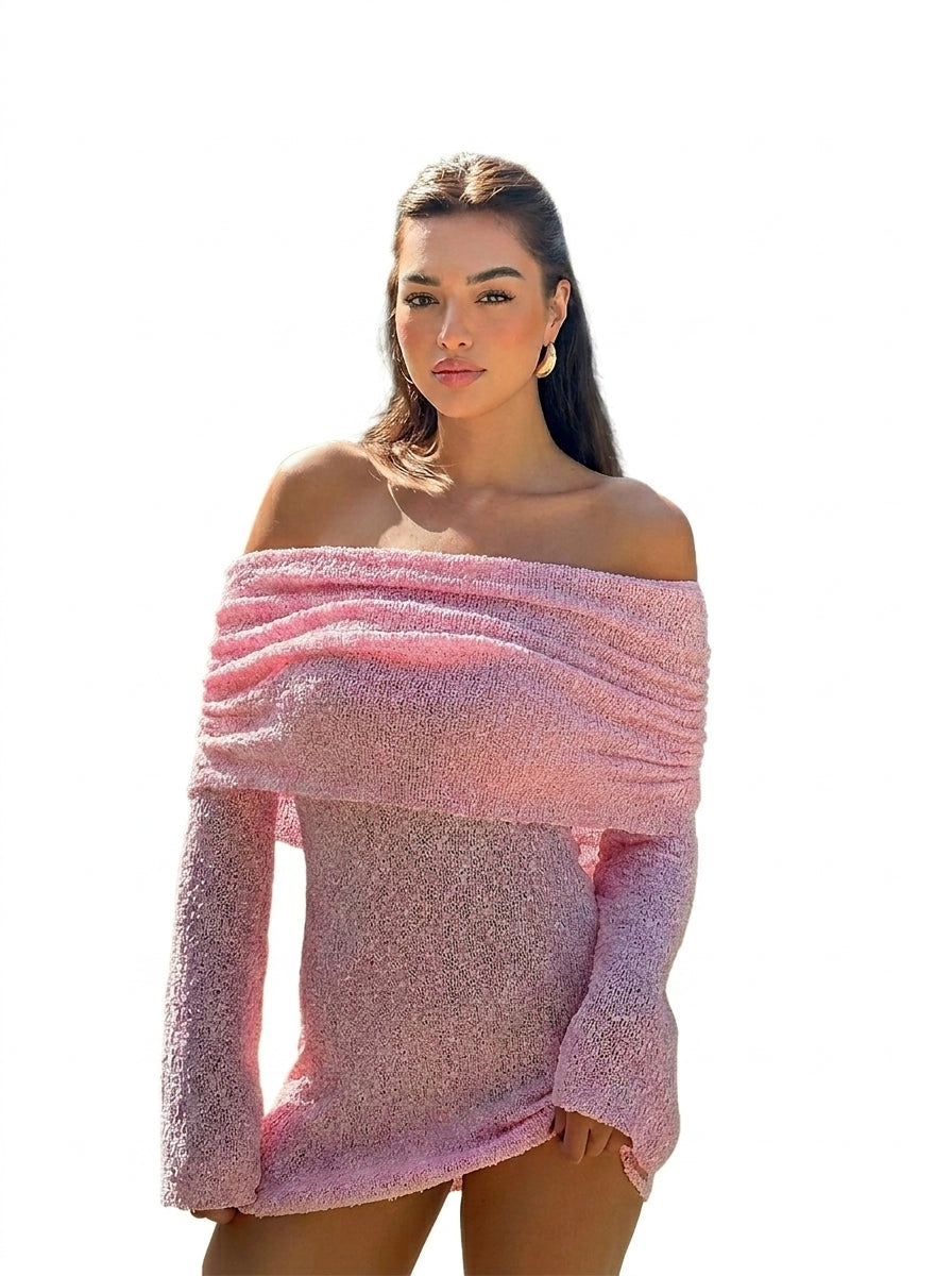 Dam Off Shoulder Långärmad Boucléstickad Miniklänning-Mini Dress-Fjallbarn