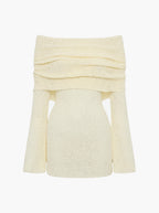 Dam Off Shoulder Långärmad Boucléstickad Miniklänning-Mini Dress-Fjallbarn