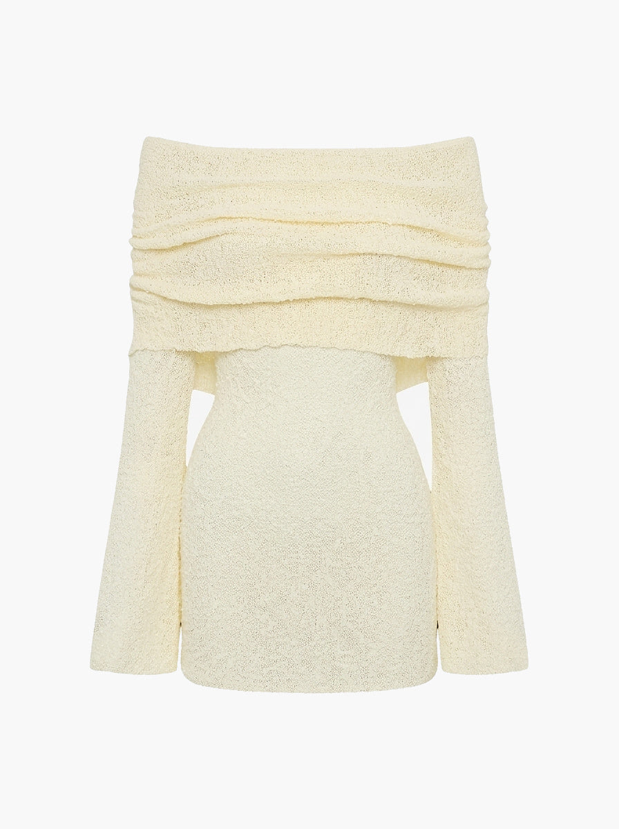 Dam Off Shoulder Långärmad Boucléstickad Miniklänning-Mini Dress-Fjallbarn