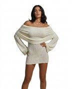 Dam Off Shoulder Långärmad Boucléstickad Miniklänning-Mini Dress-Fjallbarn