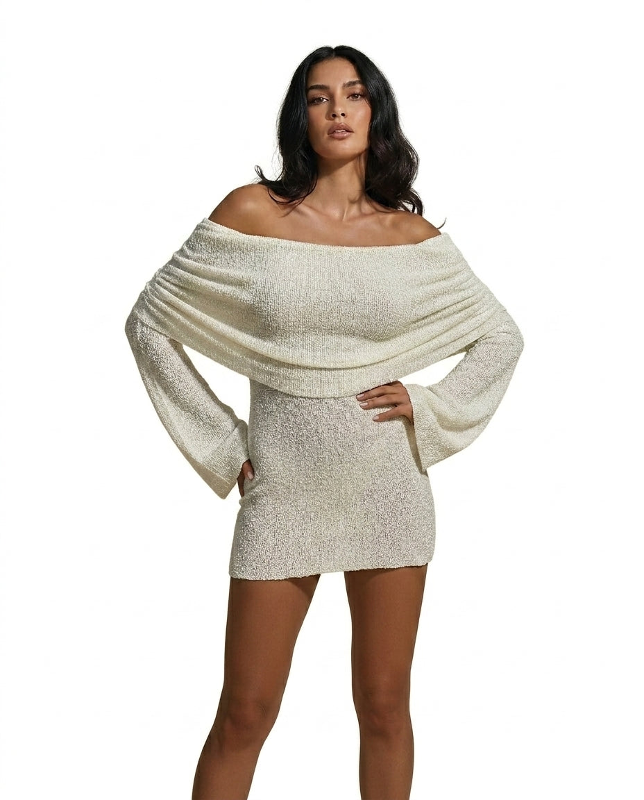 Dam Off Shoulder Långärmad Boucléstickad Miniklänning-Mini Dress-Fjallbarn
