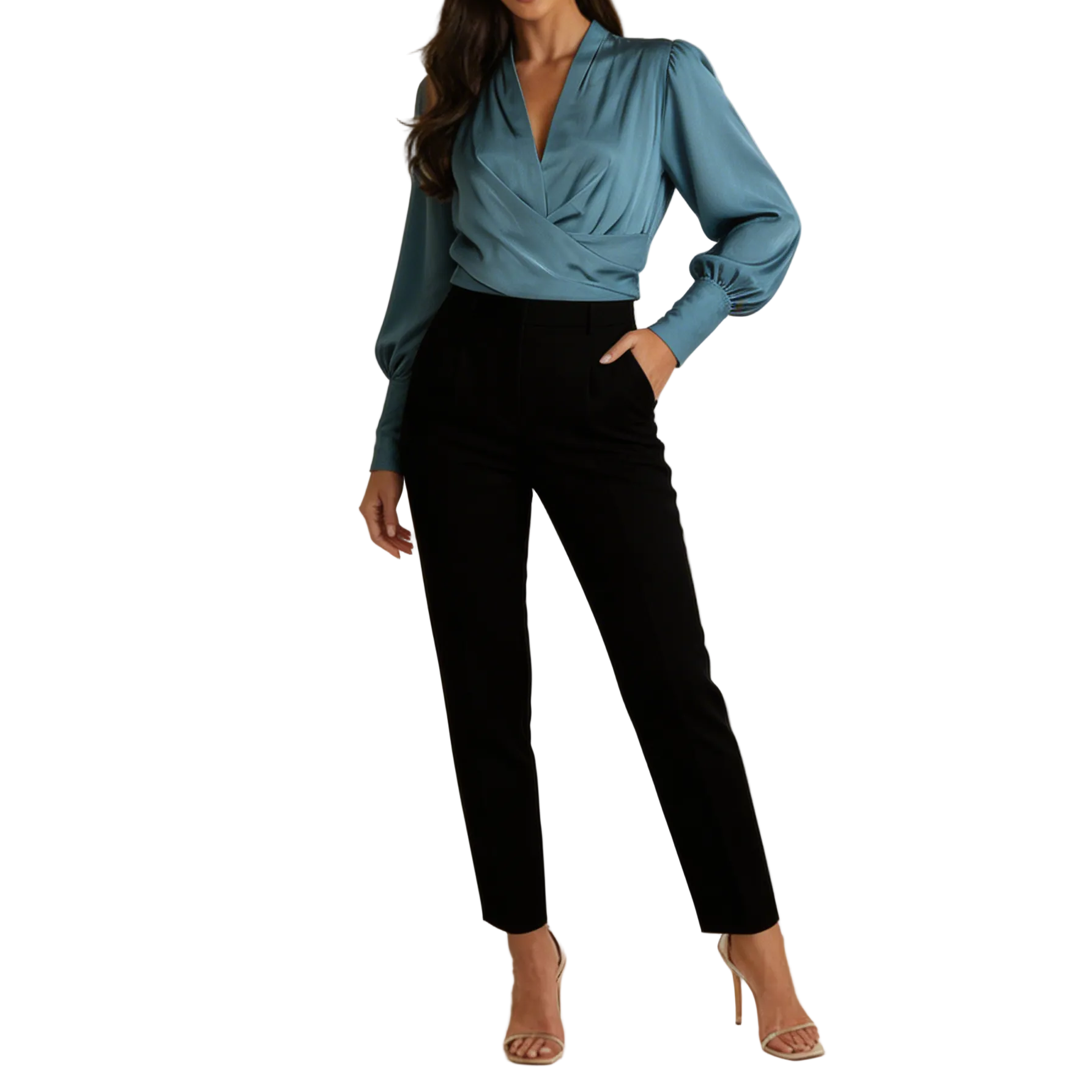 Dam omlottblus med V-ringning, långa ärmar och strukturerad midja-Blouse for women-Fjallbarn