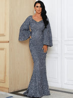 Dam Paljettklänning Maxi med V-ringning och Utsvängda Ärmar-Maxi Dress-Fjallbarn