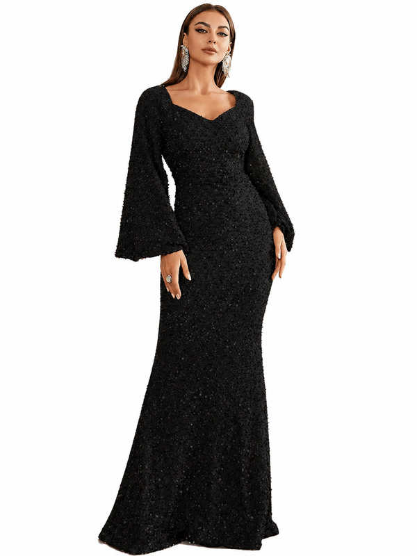 Dam Paljettklänning Maxi med V-ringning och Utsvängda Ärmar-Maxi Dress-Fjallbarn