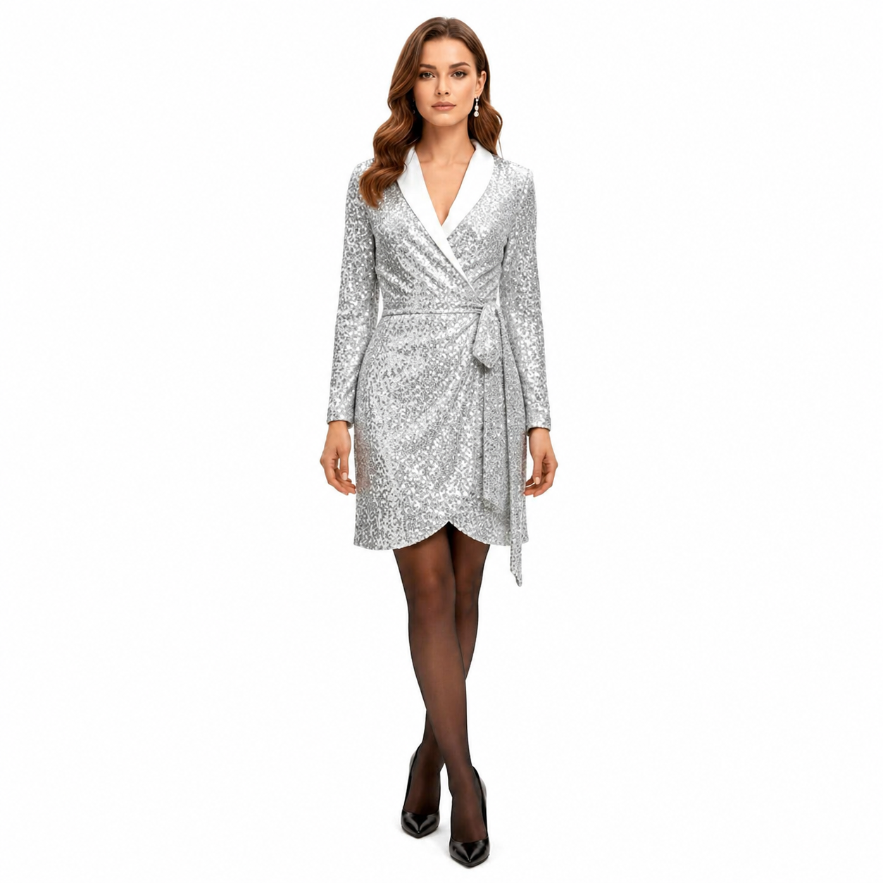 Dam Paljettklänning Mini i Omlottmodell med Sjalkrage och Knytband i Midjan-Mini Dress-Fjallbarn