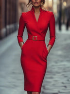 Dam pennklänning med V-ringning och bälte-Midi Dress-Fjallbarn