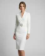 Dam pennklänning med V-ringning och bälte-Midi Dress-Fjallbarn