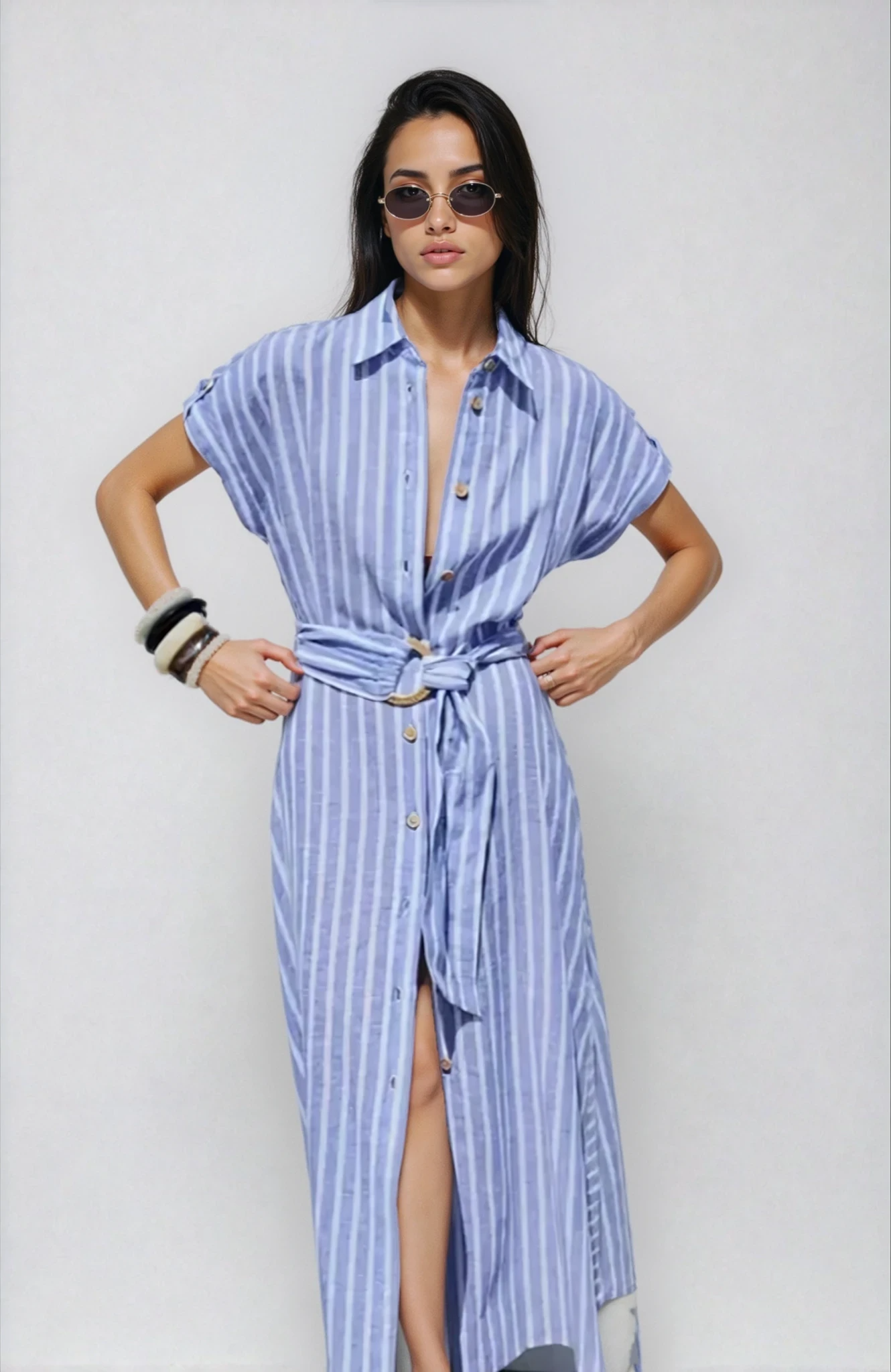 Dam Randig Midiklänning med Knäppning Fram-Midi Dress-Fjallbarn