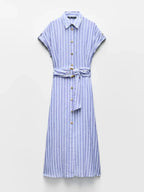 Dam Randig Midiklänning med Knäppning Fram-Midi Dress-Fjallbarn
