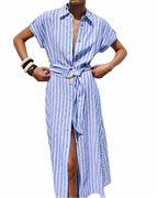 Dam Randig Midiklänning med Knäppning Fram-Midi Dress-Fjallbarn