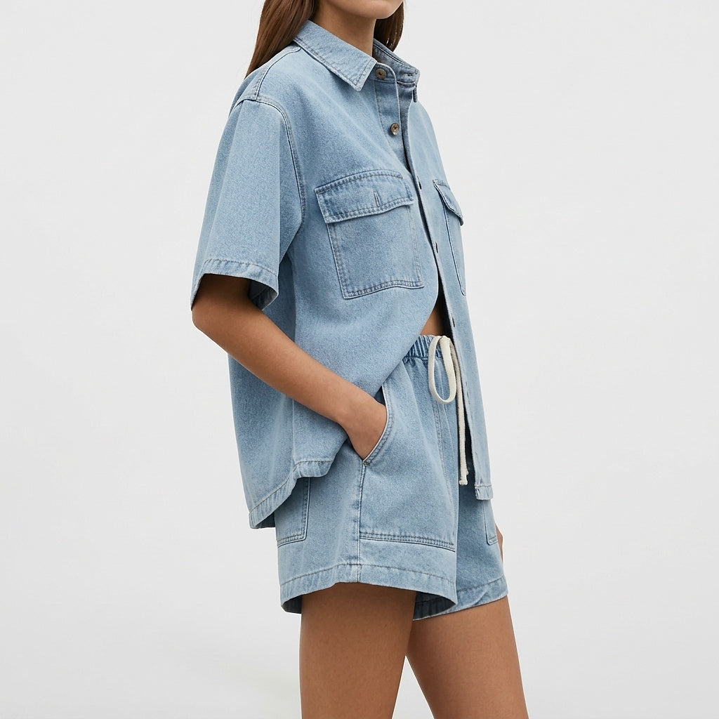 Dam set med kortärmad skjorta och shorts med dragsko-Sets for women-Fjallbarn