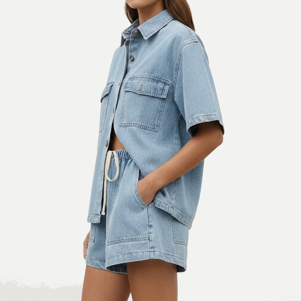 Dam set med kortärmad skjorta och shorts med dragsko-Sets for women-Fjallbarn