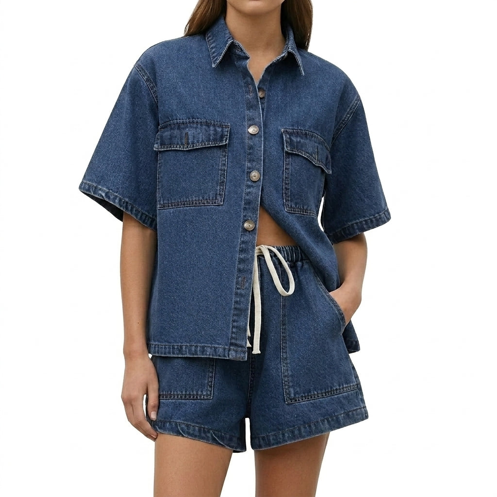 Dam set med kortärmad skjorta och shorts med dragsko-Sets for women-Fjallbarn
