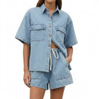 Dam set med kortärmad skjorta och shorts med dragsko-Sets for women-Fjallbarn