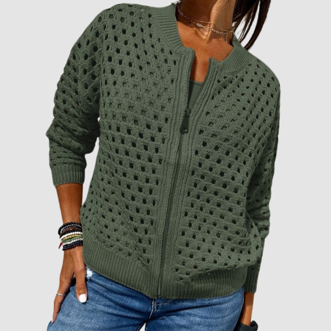 Dam Stickad Kofta med Hålmönster och Dragkedja-Cardigan for women-Fjallbarn