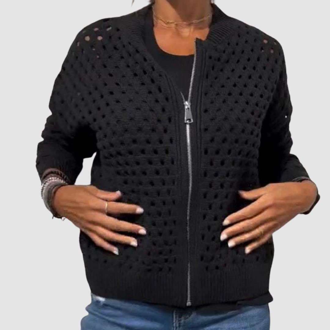 Dam Stickad Kofta med Hålmönster och Dragkedja-Cardigan for women-Fjallbarn
