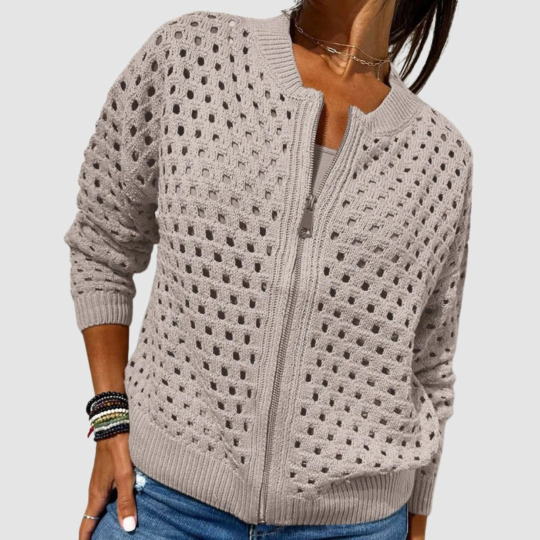 Dam Stickad Kofta med Hålmönster och Dragkedja-Cardigan for women-Fjallbarn