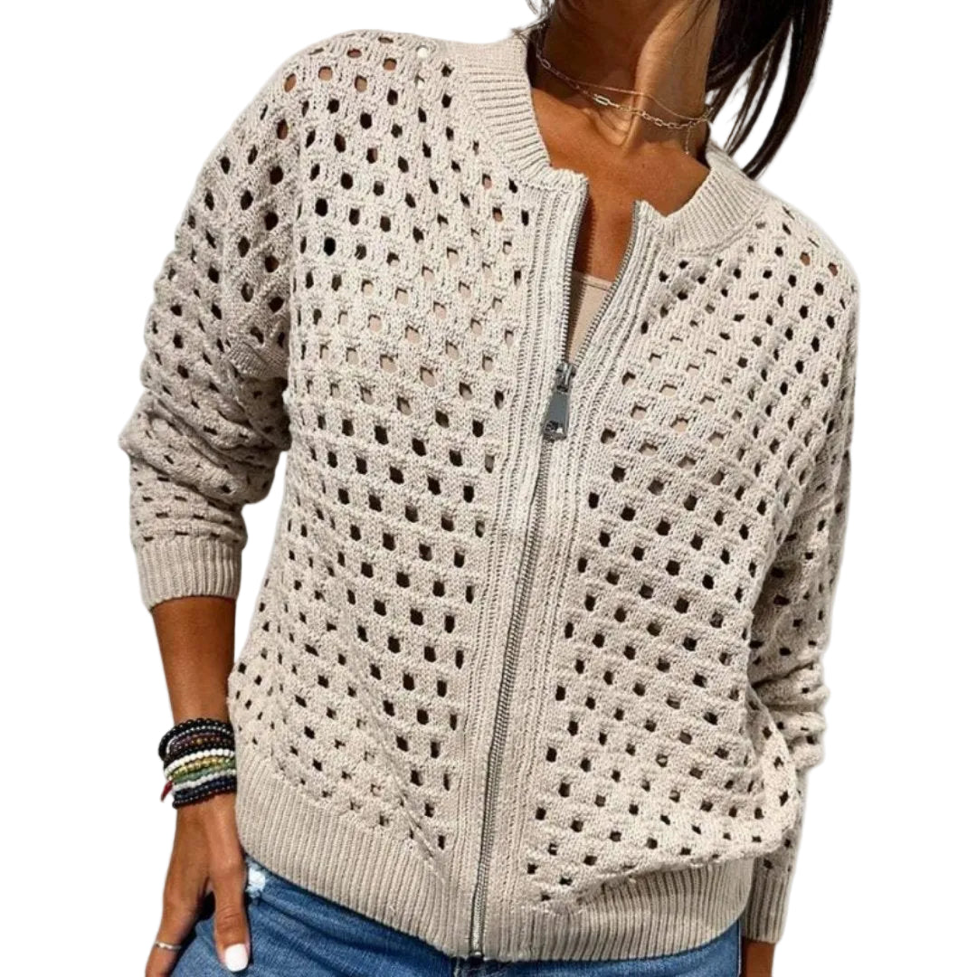 Dam Stickad Kofta med Hålmönster och Dragkedja-Cardigan for women-Fjallbarn