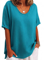 Dam T-shirt med V-ringning och sänkta axlar i rymlig modell-T-shirt for women-Fjallbarn