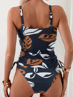 Dam tankini-set med bladmönster och rynkade sidor-Swimwear for women-Fjallbarn