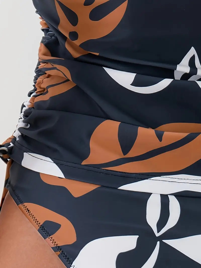 Dam tankini-set med bladmönster och rynkade sidor-Swimwear for women-Fjallbarn