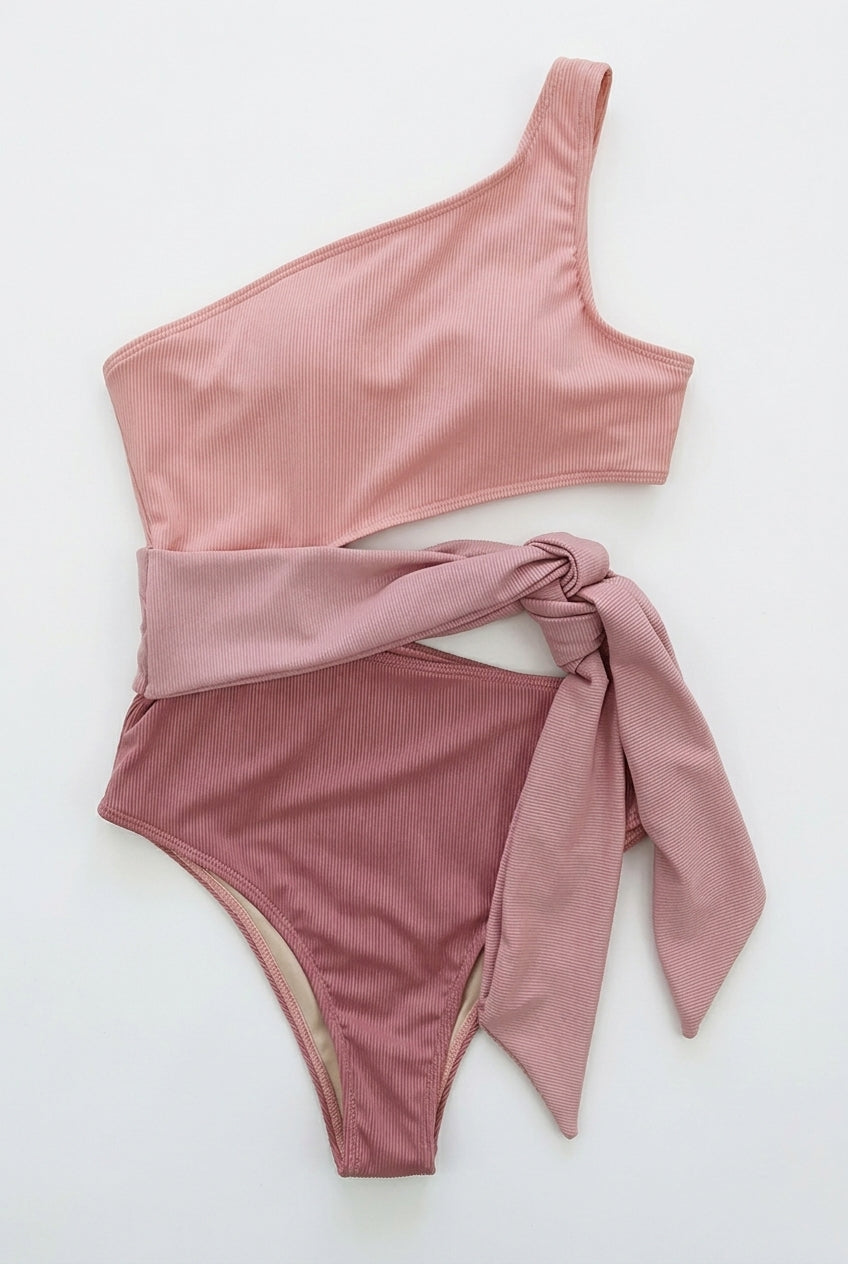 Dam tvådelad baddräkt med enaxlad topp och ribbad textur-Swimwear for women-Fjallbarn