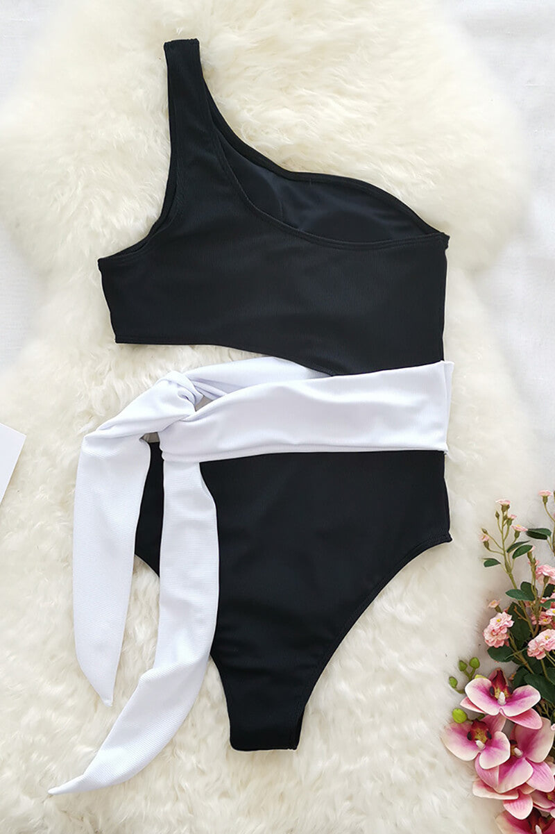 Dam tvådelad baddräkt med enaxlad topp och ribbad textur-Swimwear for women-Fjallbarn